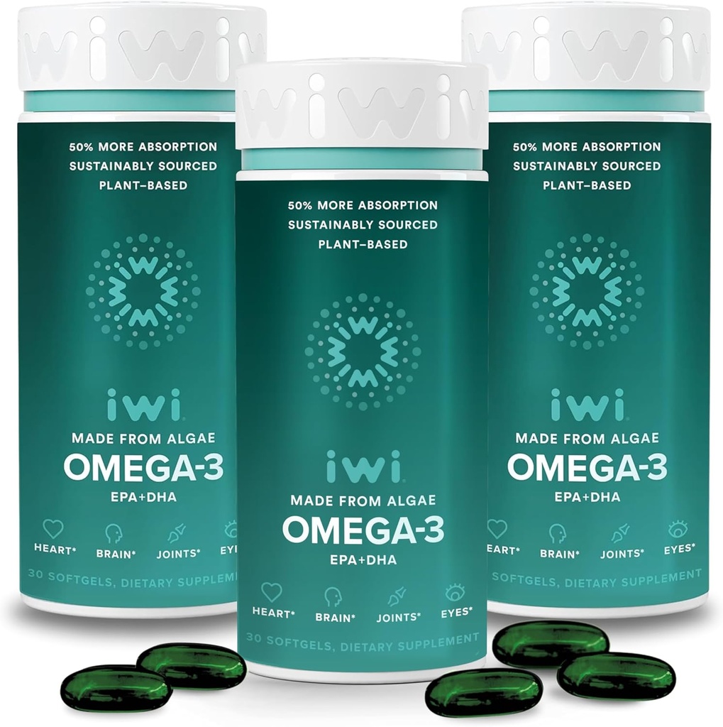 Iwi Omega-3, 90 Softgels (90 σέρβις), Vegan Plant-based Algae Omega 3 με EPA + DHA, πλήρες συμπλήρωμα διατροφής υποστήριξης σώματος, Krill & Fish Oil Εναλλακτική, Χωρίς ψαρική επίγευση