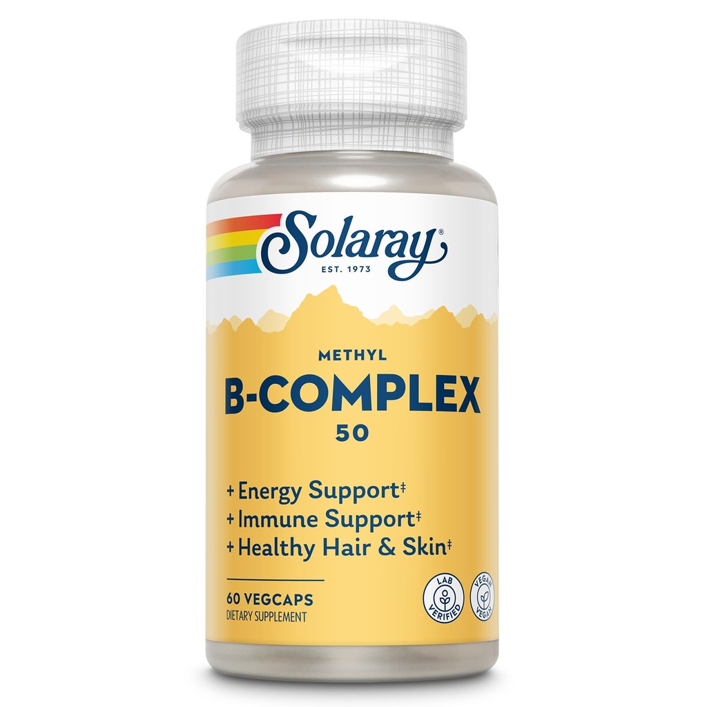 SOLARAY Methyl B Complex 50mg - Βιταμίνη B Complex με βιταμίνη Β12, Β6, Β1, Φολικό οξύ, βιοτίνη και περισσότερα - Συμπληρώματα κυτταρικής ενέργειας, Nerve Function Support - Vegan, 60 ημερών εγγύηση, 60 εξυπηρετεί