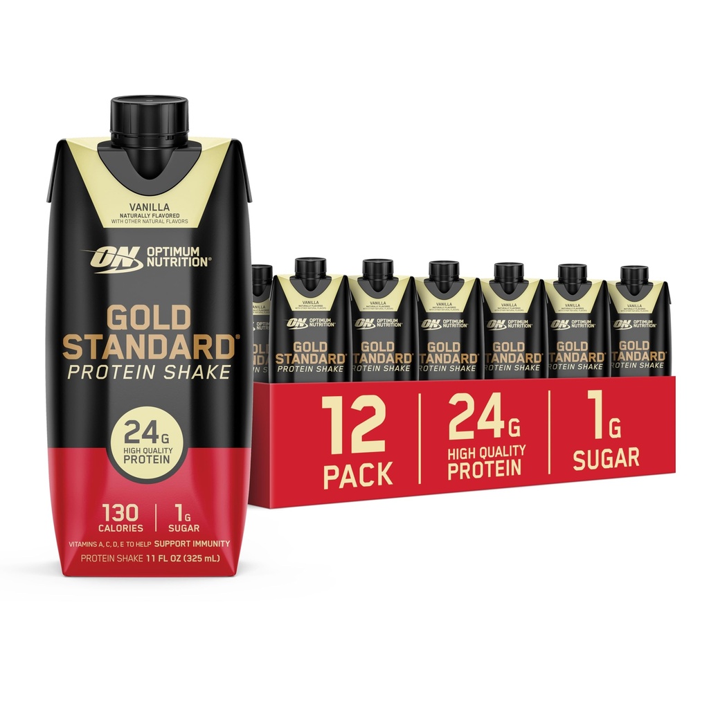 Optimum Nutrition Gold Standard Protein Shake, 24g Protein, Ready to Drink Protein Shake, Χωρίς γλουτένη, Βιταμίνη C για την ανοσοποιητική υποστήριξη, Βανίλια, 11 Fl Oz, 12 Count (Pack of 1) (Packing May Vary)