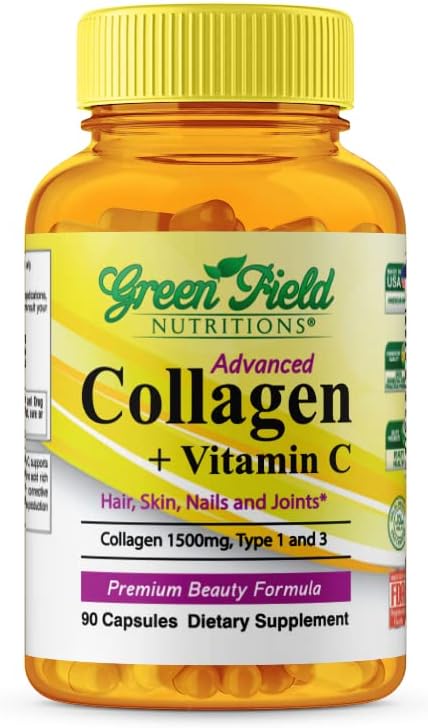 Greenfield Διατροφές - Halal Collagen Peptides 1500 mg τύπου I & III, με βιταμίνη C 300 mg για Καλύτερη Απορρόφηση, Halal Anti-Age Formula for Hair Skin Nails & Joints, Halal Vitamins 90 Κάψουλες