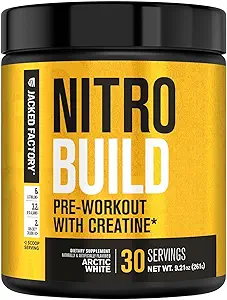 Jacked Factory Nitrosurge Build Pre Workout με Createine για Μυϊκό Κτίριο - Con Cret Creat Powder & elevATP για Έντονη Ενέργεια, Ισχυρές Αντλίες, & Ατελείωτη Υπομονή - 30 Υπηρεσίες, Αρκτική Λευκό