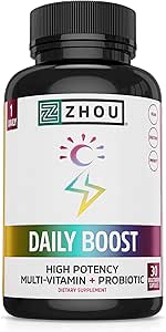 Zhou Daily Boost - Προβιοτική πολυβιταμίνη για γυναίκες & άνδρες, Ανοσολογική Υποστήριξη, Αντιοξειδωτικό & Συμπλήρωμα για την υγεία των ματιών με βιταμίνη Α, Βιταμίνη C, Βιοτίνη & Φολικό για ενήλικες - 30 Κάψουλες Veggie