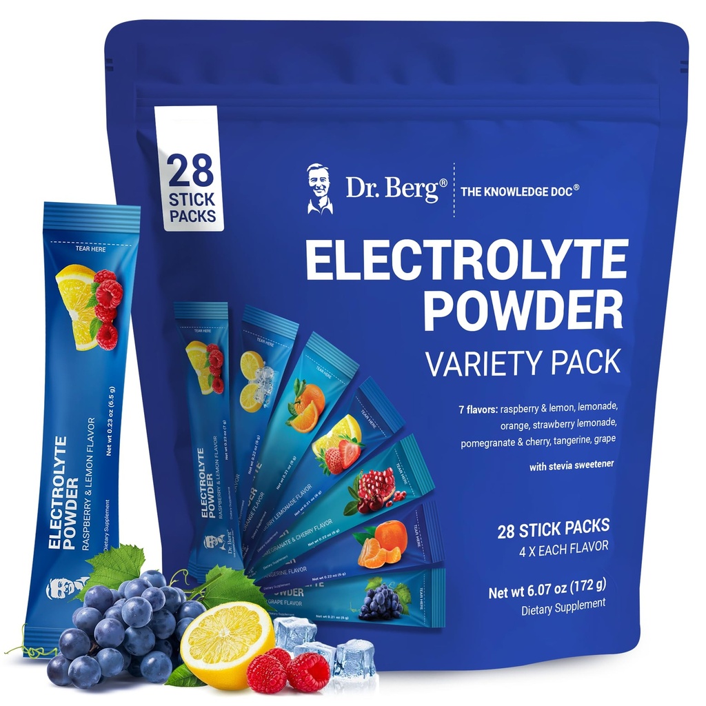 Dr. Berg Sugar Free Ηλεκτρολυτές Powder Packets (Variety Pack) - Daily Electrolyte Drink Mix - 28 Total Hydration Pouches Sugar Free - Keto Electrolytes Packets σκόνης Όχι Ζάχαρη - 7 Νόστιμες Γεύσεις