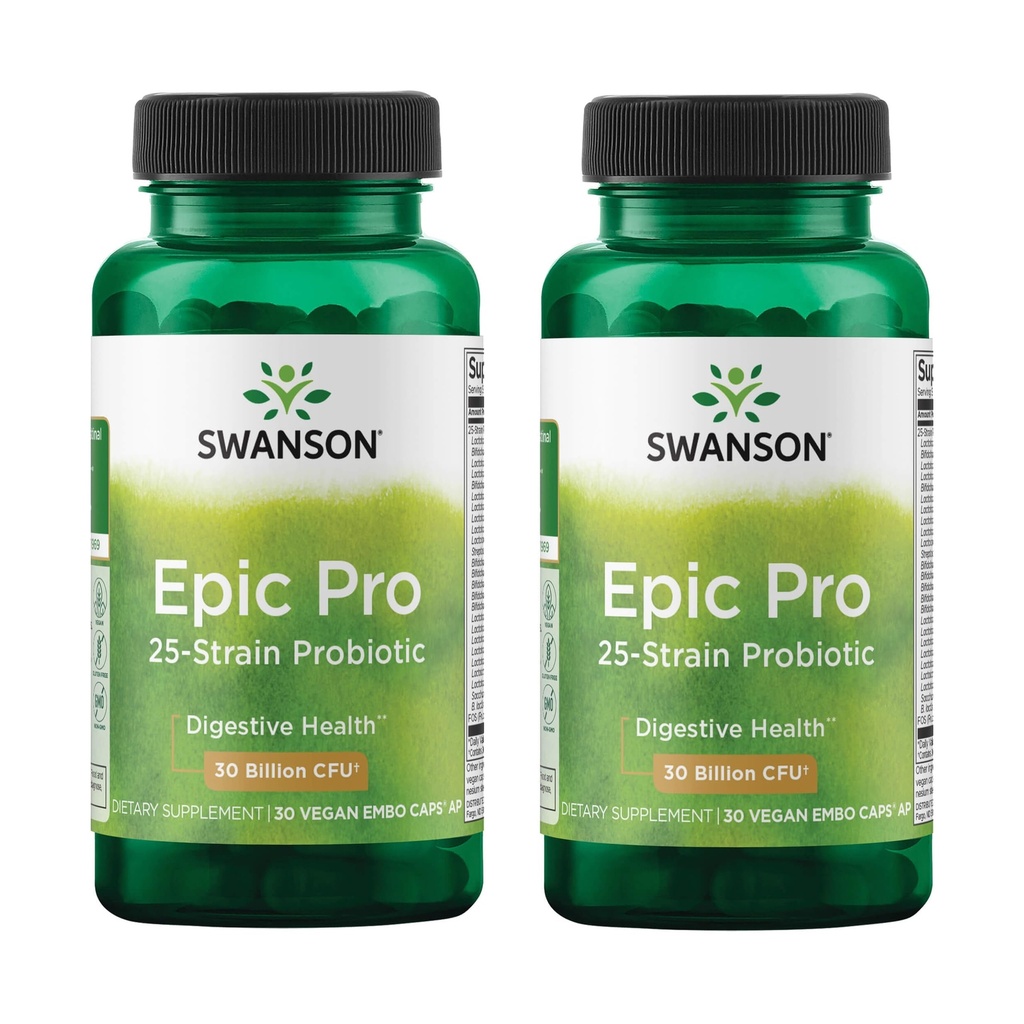 Swanson Epic-Pro 25-Strain Probiotic with Prebiotic FOS for Gut-Health-Conscious Adults Seeking Comprehensive Digestive and Immune Support - 30 Billion CFU (30 Vegan DRcaps, 2 Pack)