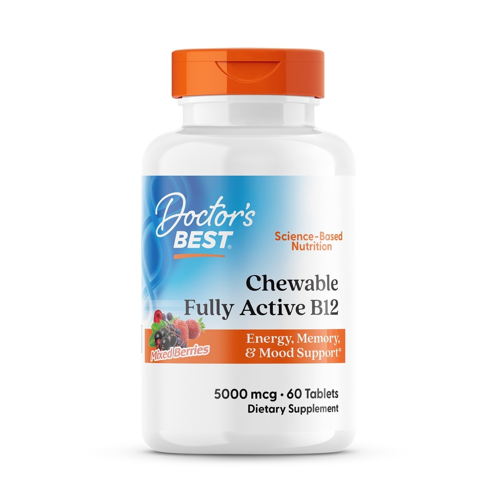 Doctor's Best Chewable Fully Active Methyl B12, Methylcobalamin, ενέργεια, μνήμη, & υποστήριξη διάθεσης, μη ΓΤΟ, χωρίς γλουτένη, χωρίς σόγια, Vegan 60 δισκία