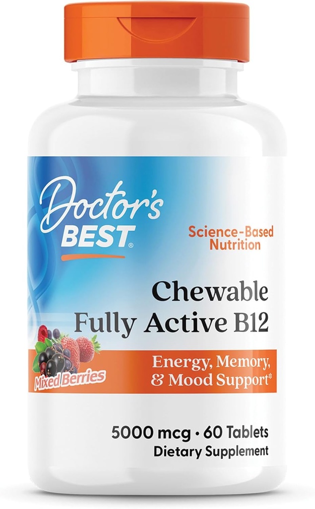 Doctor's Best Chewable Fully Active Methyl B12, Methylcobalamin, ενέργεια, μνήμη, & υποστήριξη διάθεσης, μη ΓΤΟ, χωρίς γλουτένη, χωρίς σόγια, Vegan 60 δισκία