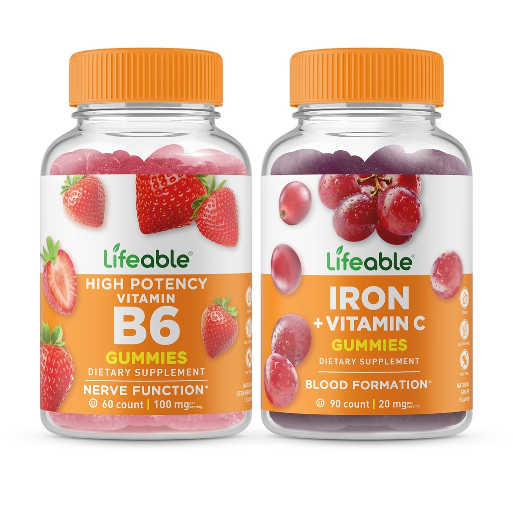 Ζωηρή βιταμίνη B6 + Σιδήρος με βιταμίνη C, Gummies Bundle - Μεγάλη γεύση, συμπλήρωμα βιταμίνης, χωρίς γλουτένη, χωρίς ΓΤΟ, Μασώμενα