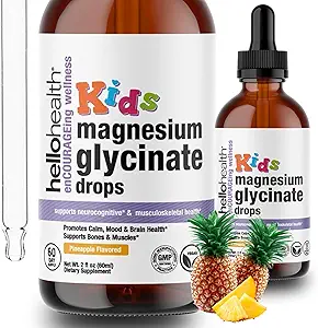 Kids Magnesium Glycinate Liquid Drops – Sugar Free Liquid Magnesium Drops, Happy Calm for Kids Calming Supplement Complex – Magnesium for Children & Nighttime Sleep, Pineapple Flavor 2 Fl Oz.