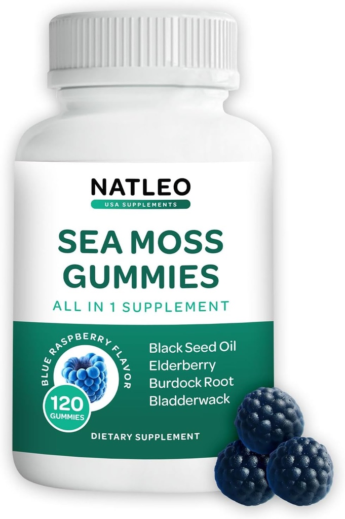 NATLEO USA Sea Moss Gummies with Elderberry, Black Seed Oil & Burdock Root - Vegan, Gluten-free, Non-GMO, 1750mg - Υποστηρίζει Daily Wellness - Made in USA (120 Count)