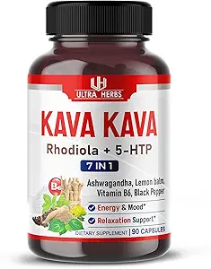 Kava Kava Capses Supplement - Formula Εμπλουτισμένη με Ashwagandha, 5-HTP, Rhodiola, Lemon Balm, Υποστήριξη Mood, Calm & Relaxation 