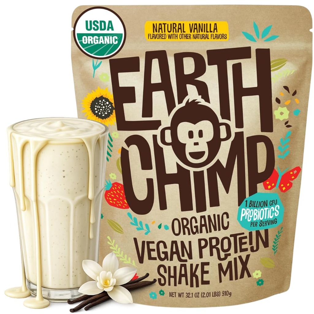 EarthChimp Organic Vegan Protein Powder - με Προβιοτικά - Μη ΓΤΟ, Γαλακτοκομικά Χωρίς, Μη Ορός γάλακτος, Πρωτεΐνες με βάση το φυτό Σκόνη για γυναίκες και άνδρες, Χωρίς γλουτένη - 26 Μερίδες 32 Oz (Βανίλια)