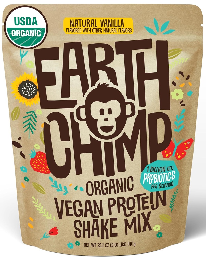 EarthChimp Organic Vegan Protein Powder - με Προβιοτικά - Μη ΓΤΟ, Γαλακτοκομικά Χωρίς, Μη Ορός γάλακτος, Πρωτεΐνες με βάση το φυτό Σκόνη για γυναίκες και άνδρες, Χωρίς γλουτένη - 26 Μερίδες 32 Oz (Βανίλια)