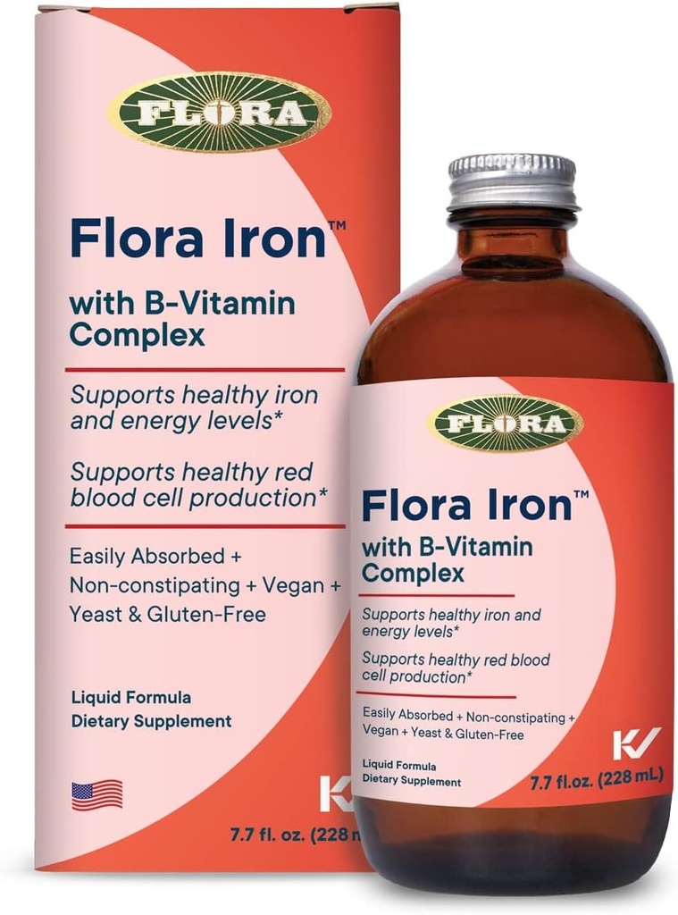 Flora Iron - Vegan Liquid Iron Supplement with B Vitamins - Προσφορές Κόκκινο Αίμα & Ενεργειακή Υποστήριξη - Yeast-Free & Gluten-Free - Delicious Fruit Juice Base - 7,7 fl. oz. Γυάλινη φιάλη