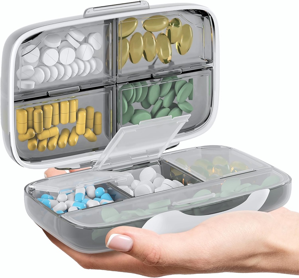 Travel Pill Organizer - αεροστεγής ιατρική περίπτωση για τα ταξίδια Φορητό κουτί φαρμακείο με ετικέτες Βιταμίνη εμπορευματοκιβώτιο 8 συμπλήρωμα διαμέρισμα Κάτοχος φαρμακευτικής αγωγής Μεγάλη χωρητικότητα καθημερινά (Grey)