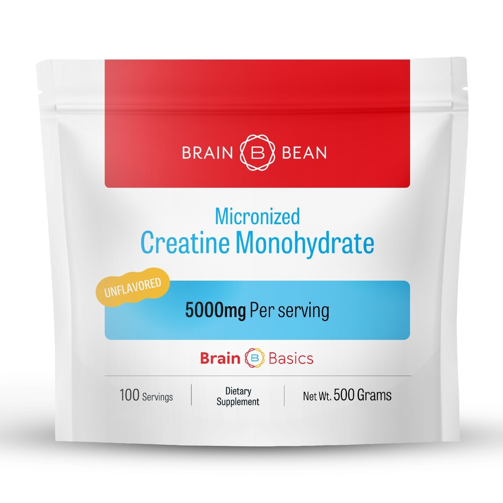 Brain Bean 500mg Unflavored Micronized Creatine Monohydrate σκόνη βοηθά στην ενίσχυση της ενέργειας για την υγεία του εγκεφάλου - μη-GMO, Gluten-free σκόνη Creatine υποστηρίζει την υγεία των μυών (Made in USA)