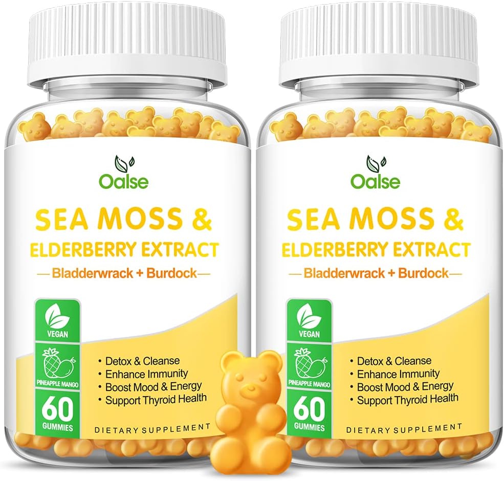 Sea Moss Gummies for Adults and Kids, 2000mg Ακατέργαστο Seamoss, Bladderwrack, Burdock Root, Elderberry, Pepper, βιταμίνη C & D3, Ο ψευδάργυρος υποστηρίζει το ανοσοποιητικό σύστημα και την ενίσχυση της ενέργειας (2-Pack)