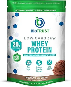 BioTrust χαμηλή υδατανθράκων Lite, 20 γραμμάρια χόρτου-Fed Whey Protein Isolate, 100 θερμίδες, ProHydrolase Digestive Enzymes, μη-GMO, δωρεάν από σόγια και γλουτένη, rBGH-free (14 υπηρεσίες) (Chocolate Ice Cream)
