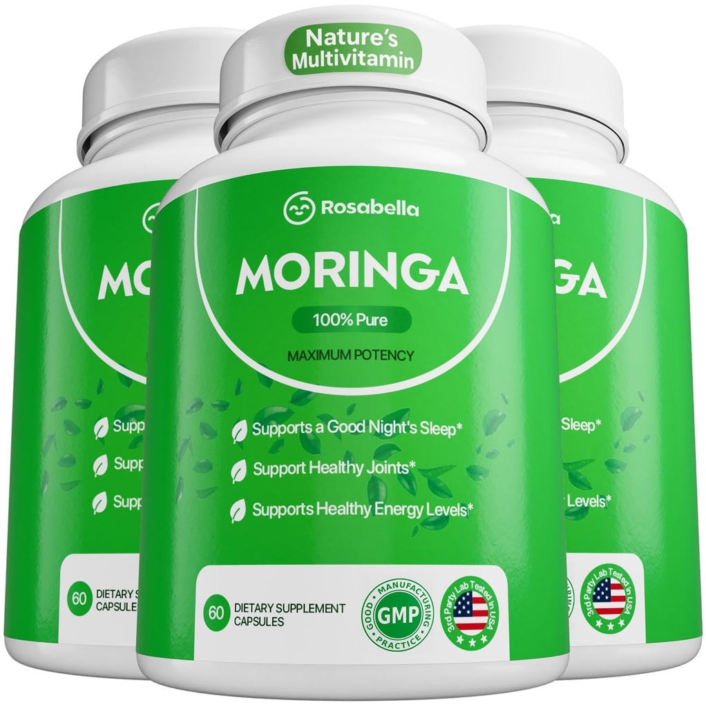 Rosabella Moringa Κάψουλες - Pure Moringa σκόνη, ενέργεια, δέρμα, ανοσοποιητικό & κόκκαλο υγεία Superfood, πλούσια σε Αντιοξειδωτικά, Ουσιώδεις Βιταμίνες & Αμινοξέα, Φυσικό Πράσινο συμπλήρωμα superfood - 180 Count