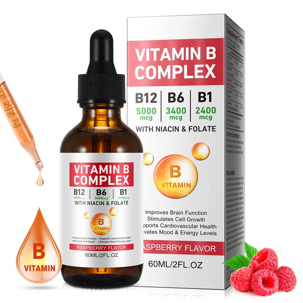 Vitamin B Complex Liquid, Vegan Vitamin B12 Liquid Drops | B12 Methylcobalamin | B1 Thiamine | B6 Pyridoxine | Folic | Niacin - B Complex Liquid Drops, Support Energy, Brain & Heart, 40 Servings