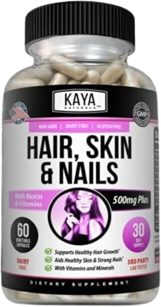 Κάψουλες καρφιών Kaya Naturals BIOTIN Vitamin D Vitamin B-12 A Follic Acid Support, συμπλήρωμα βιταμίνης υποστήριξης μαλλιών