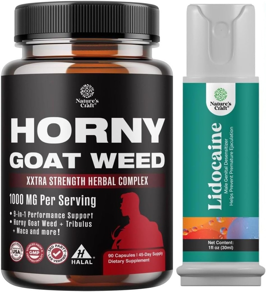 Bundle of Horny Goat Weed for Men with Black Maca Root, Tongkat Ali, Saw Palmetto & Panax Ginseng Extract και Λιδοκαΐνη Αποευαισθητοποίηση Topical Spray Climax Control - Ενισχύστε την αντοχή και Stamina