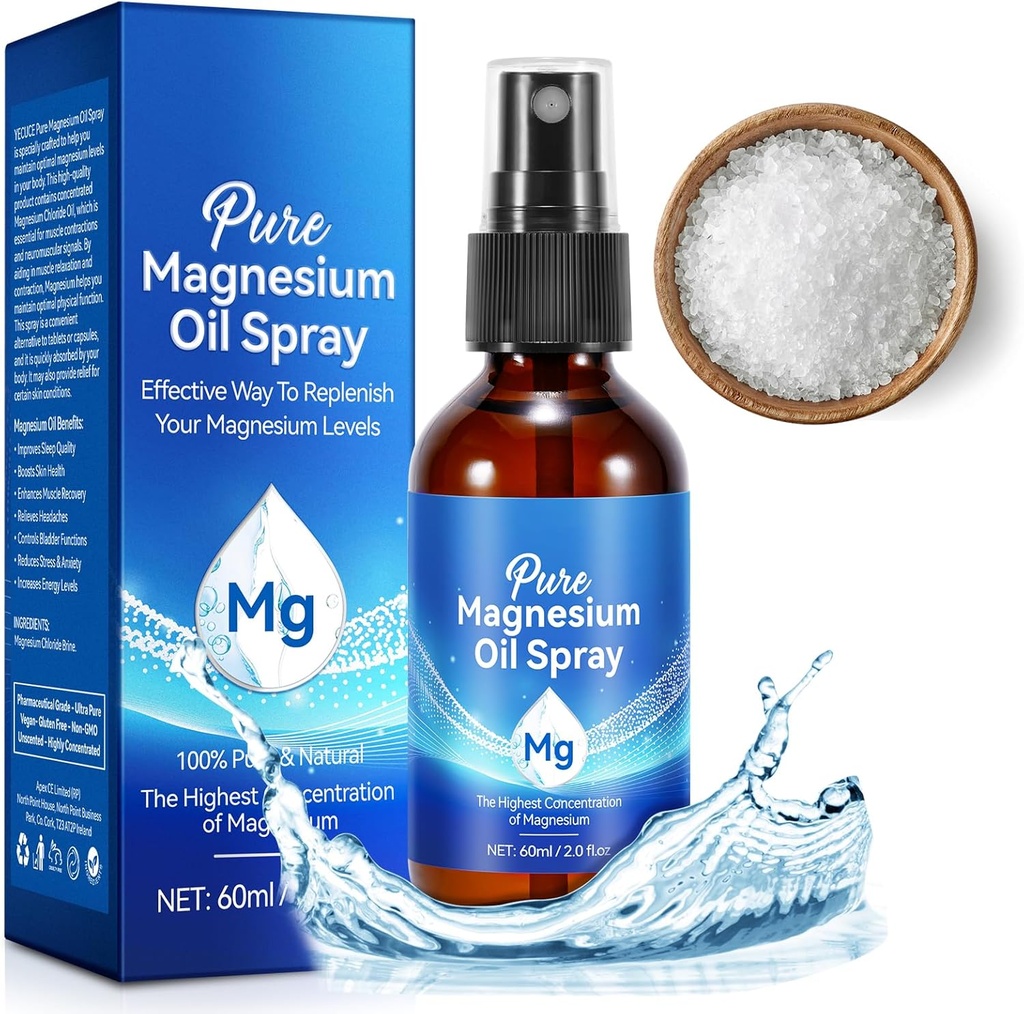 Magnesium Oil Spray, Pure Magnesium Oil for Feet,100% Natural & Organic Magnesium Spray Glass Bottle, Easy to Absorb & Use, Topical Magnesium Spray (2 Fl Oz, Pack of 1)
