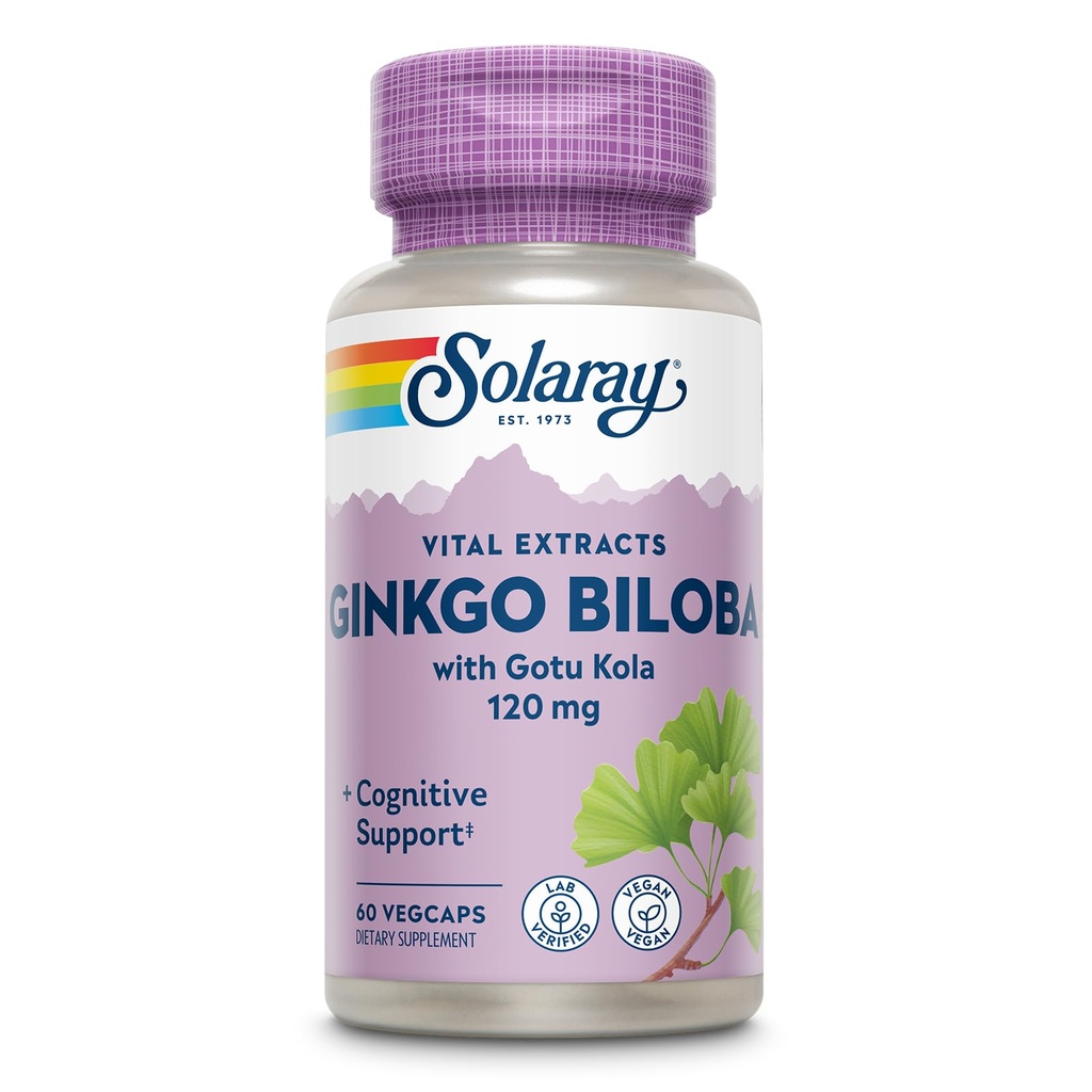 SOLARAY Ginkgo Biloba Extract with Gotu Kola - Κάψουλες Ginko Biloba για την υποστήριξη της υγείας του εγκεφάλου - Vegan, Εργαστήριο Επαληθευμένο, 60 ημερών εγγύηση - 60 εξυπηρετούν, 60 VegCaps (60 VegCaps)