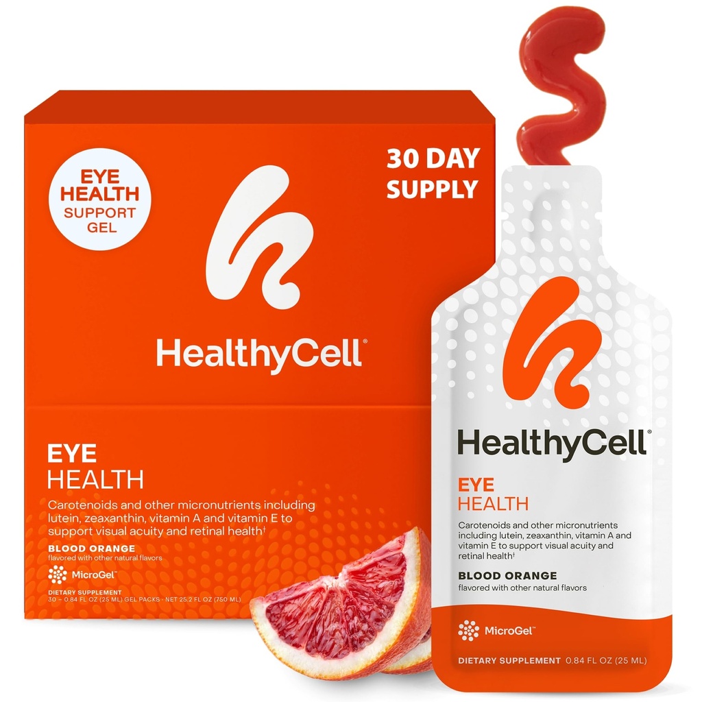 Healthycell Eye Health Daily Liquid Supplement - Βιταμίνες & Ορυκτά Μάτια με Λουτεΐνη, Ζεαξανθίνη, Ασταξανθίνη & Βήτα Καροτένιο για Ευαίσθητη Φροντίδα & Μακαρόνια - 30 Gel Packs