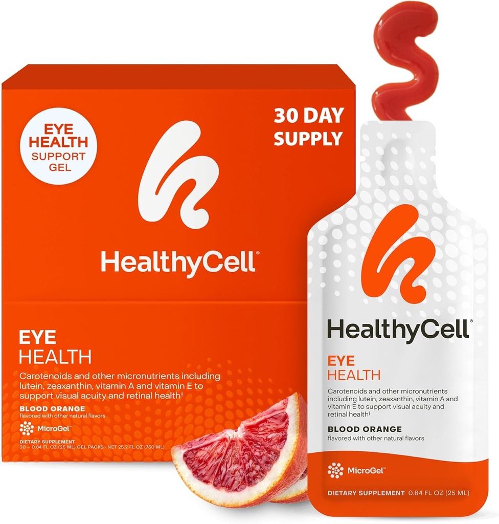 Healthycell Eye Health Daily Liquid Supplement - Βιταμίνες & Ορυκτά Μάτια με Λουτεΐνη, Ζεαξανθίνη, Ασταξανθίνη & Βήτα Καροτένιο για Ευαίσθητη Φροντίδα & Μακαρόνια - 30 Gel Packs