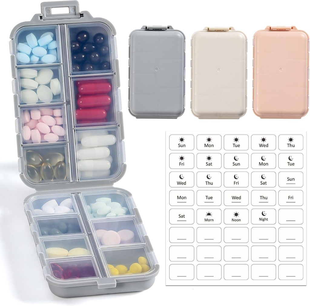 LANDNEOO 14 Grids Pill Organizer Box with Labels, Travel Medication Holder Dispenser Case Kit, Pocket Daily Pharmacy Container for Fish Oil Products Storage, Khaki Pink Grey, 3 Pack