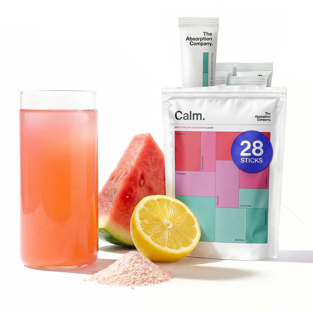 Calm Drink Mix - Relaxation Aid with Magnesium, Ashwagandha, L-Θεανίνη, & Βιταμίνη D - Υποστηρίζει Cortisol ρύθμιση και Mood για άνδρες & γυναίκες - Καρπούζι Λεμονάδα Γεύση 28 Sticks