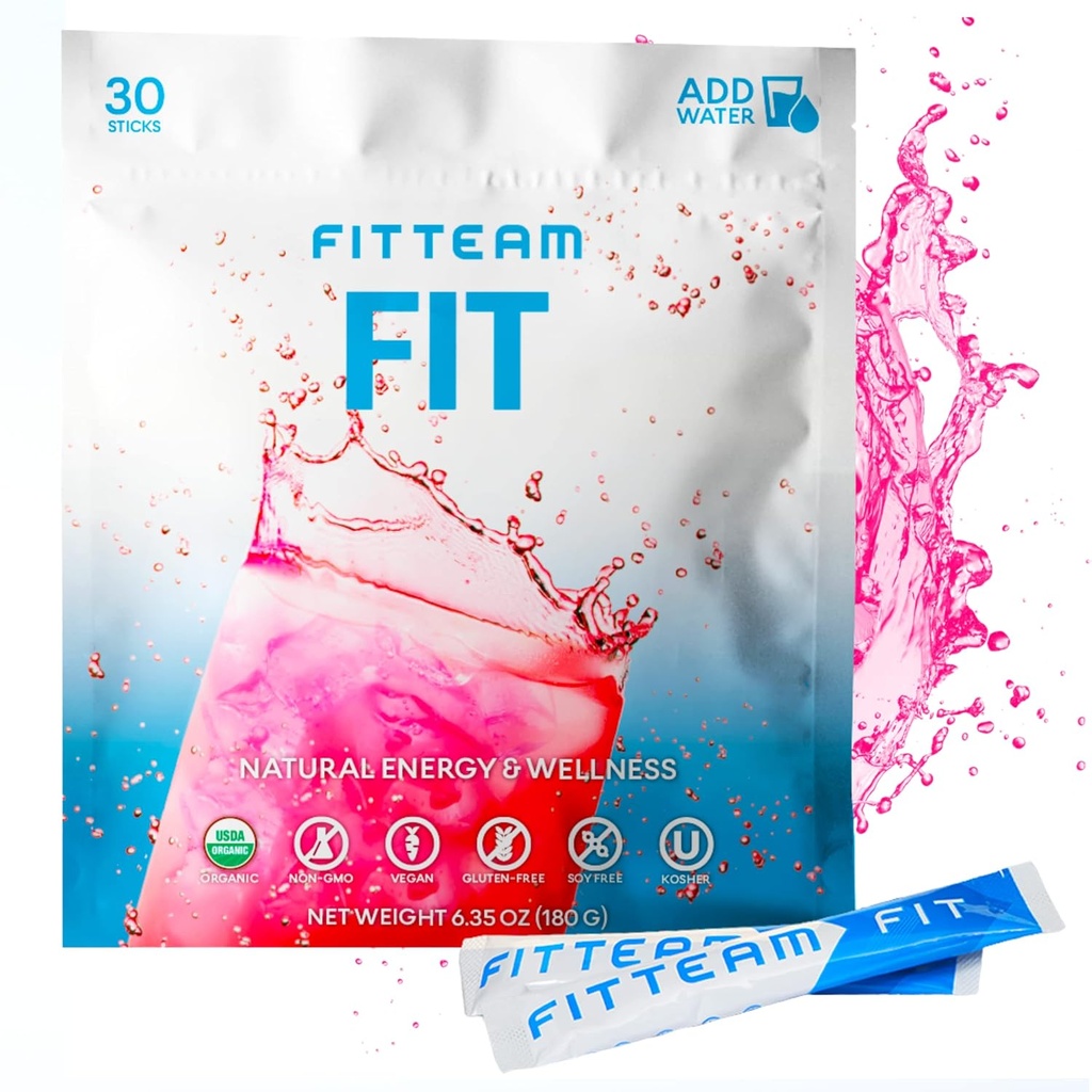 FITTEAM Fit Sticks Organic Energy and Wellness Beverage - Organic Energy Drink Mix - Ψυχική Εστίαση, Ενέργεια και Ενίσχυση Μεταβολισμού - Υποστήριξη Mood και Αντιοξειδωτικά - 30 μεμονωμένα τυλιγμένα Stick Packs