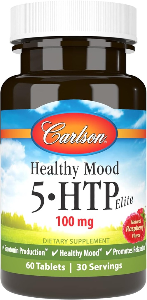 Carlson Healthy Mood 5- HTP Elite 100 mg με Βιταμίνη Β6 - Συμπλήρωμα Υποστήριξης & Χαλάρωσης Mood - Βατόμουρο Μασώμενα - 60 δισκία