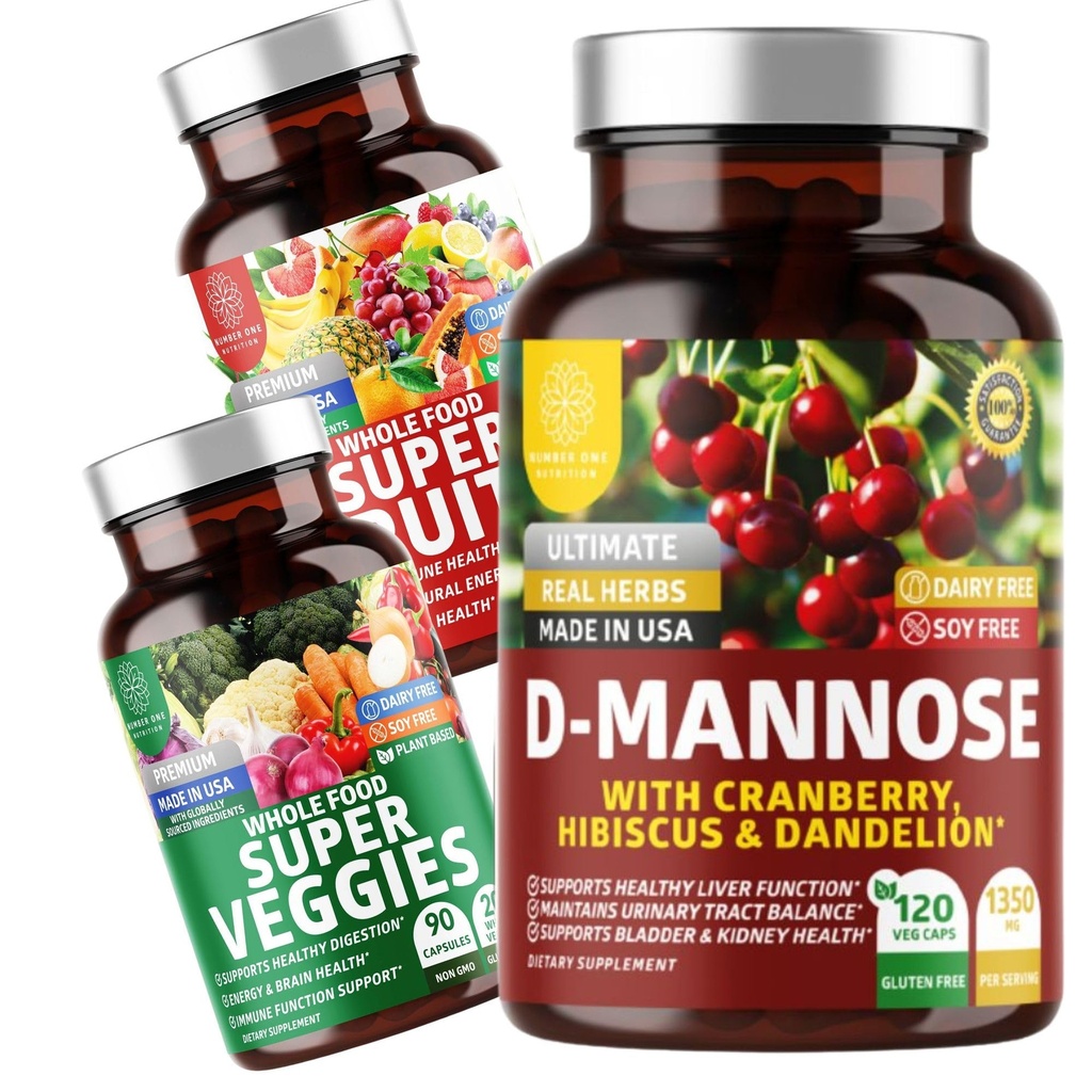 Number One Nutrition N1N Premium D-Mannose με Cranberry & Hibiscus [1350mg], 120 κάψουλες, και Super Fruits & Veggies Ολόκληρο το συμπλήρωμα διατροφής, 180 κάψουλες, 2 πακέτα