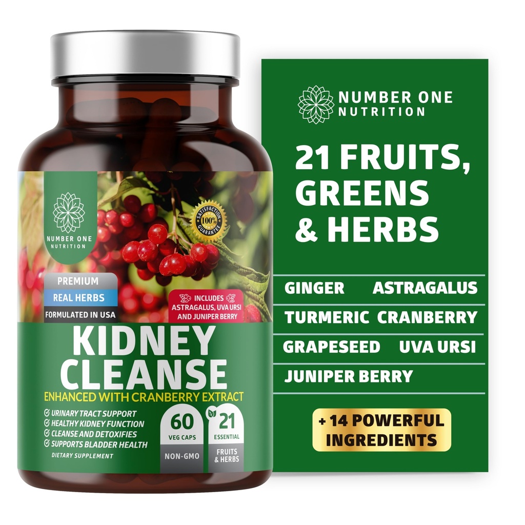 N1N Premium Kidney Cleanse [21 Potent Herbs] for Urinary Tract & Bladder Control, Natural Kidney Support with Cranberry Extract, Astragalus and Uva Ursi Leaf, 60 Veg Caps