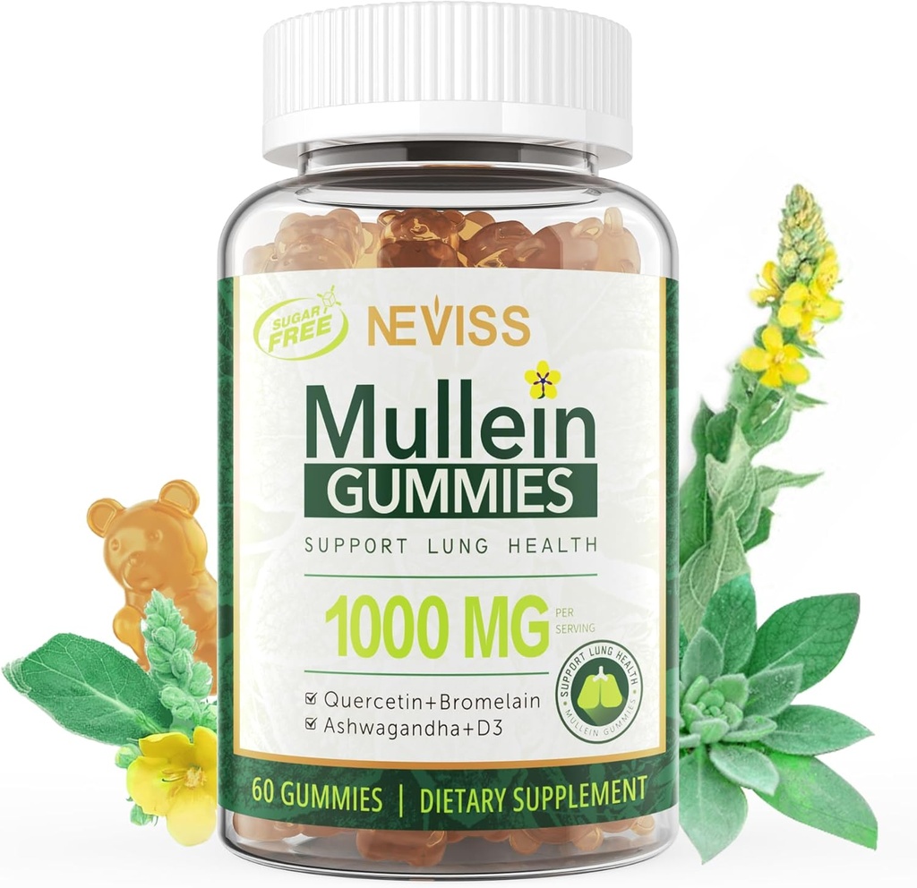 NECISS Mullein Gummies for Lungs, Organic Mullein Leaf Extract 1000mg για αναπνευστικό σύστημα με Quercetin & Bromelain, D3 για Digestive Support, Immune Booster, Sugar Free, Vegan, 60 Count