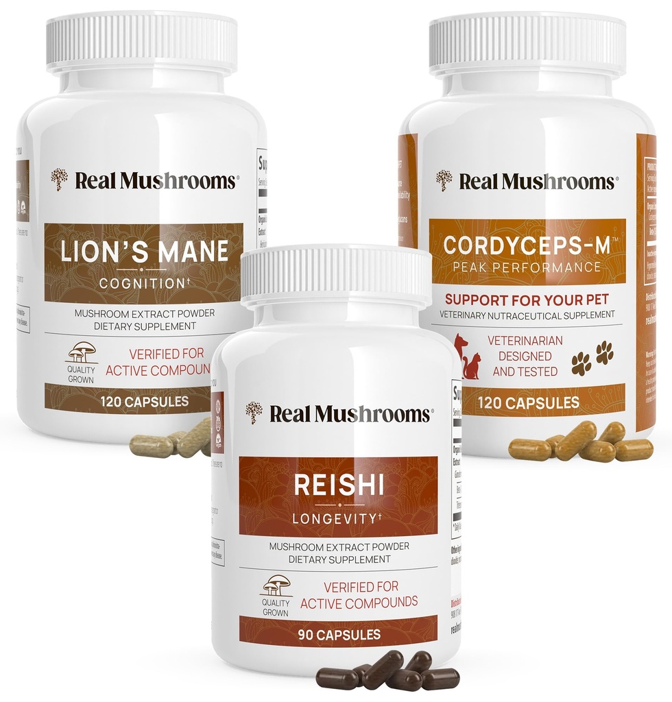 Real Mushrooms Brain, Vitality & Immune Support Bundle - Κάψουλες Γνωστικότητας Λιονταριού (120 Κάψουλες) + Reishi 415 Κάψουλες Μακροζωίας (90 Κάψουλες) & Cordyceps-M Peak Performance (120 Κάψουλες)