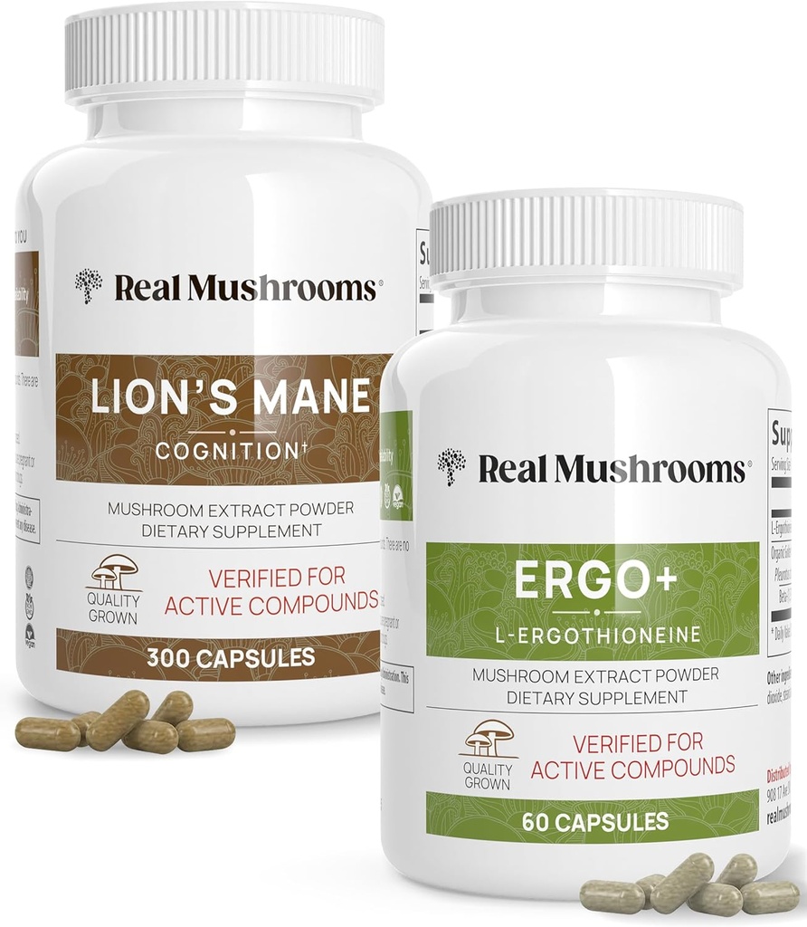 Real Mushrooms Ergothioneine (60ct) and Lions Mane (300ct) Bundle with Shiitake and Oyster Mushroom Extracts - Longevity and Cognition - Vegan, Gluten Free, Non-GMO - Φυσική Υποστήριξη για την υγιή γήρανση