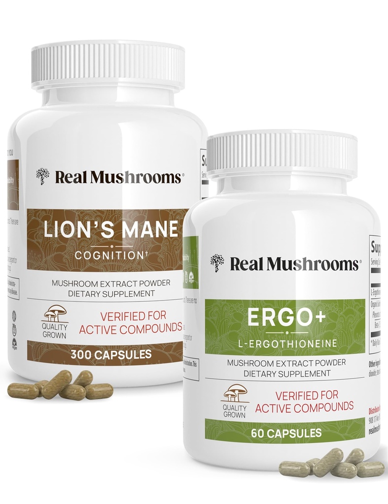Real Mushrooms Ergothioneine (60ct) and Lions Mane (300ct) Bundle with Shiitake and Oyster Mushroom Extracts - Longevity and Cognition - Vegan, Gluten Free, Non-GMO - Natural Support for Healthy Aging
