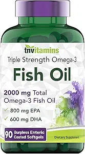 tnvitamins Burpless Omega-3 Fish Oil: 2000mg - 90 Softgels | 1400mg Total Omega-3 Fatty Acids (800mg EPA & 600mg DHA) | Enteric Coated Burpless Ultra Potent Fish Oil | Supports Heart Health