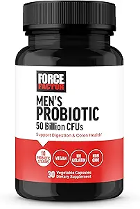 FORCE FACTOR Men’s Probiotic, Probiotics for Digestive Health with 50 Billion CFUs and 10 Probiotic Strains to Support Gut and Colon Health, and Daily Wellness, Non-GMO, Vegan, 30 Vegetable Capsules