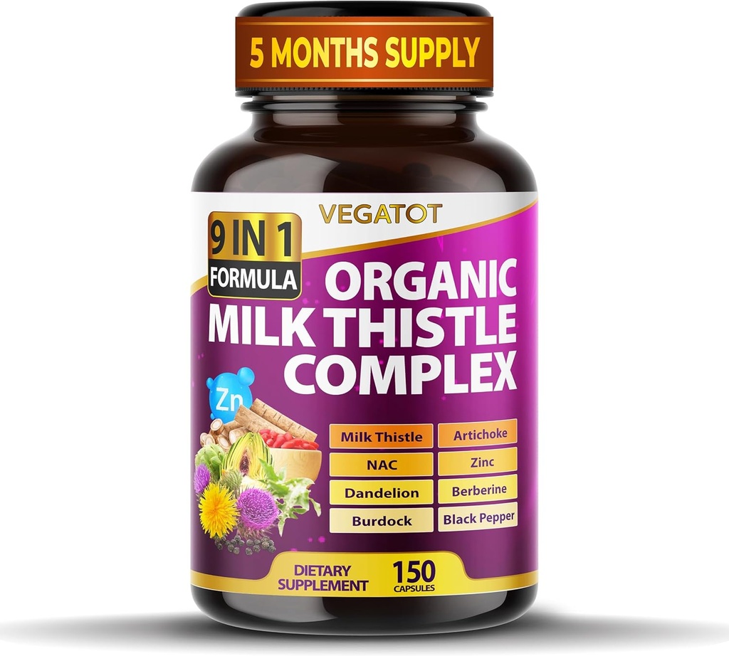 VEGATOT Organic Milk Thistle Complex 9 in 1 Formula - με γάλα Thistle Artichoke NAC Zinc Dandelion Berberine Burdock Black Pepper (150 Count (Pack of 1))
