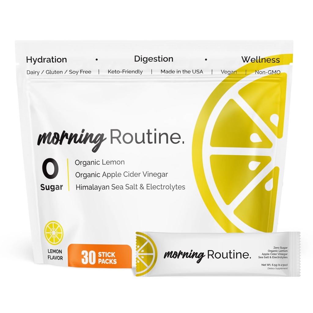 ROUTINE Morning Daily Hydration | Electrolyte Powder Packets | Lemon, Apple Cider Vinegar & Sea Salt Drink Mix | Sugar-Free, Keto & Paleo-Friendly | 3rd-Party Tested Electrolyte Drink Mix, 30 Sticks