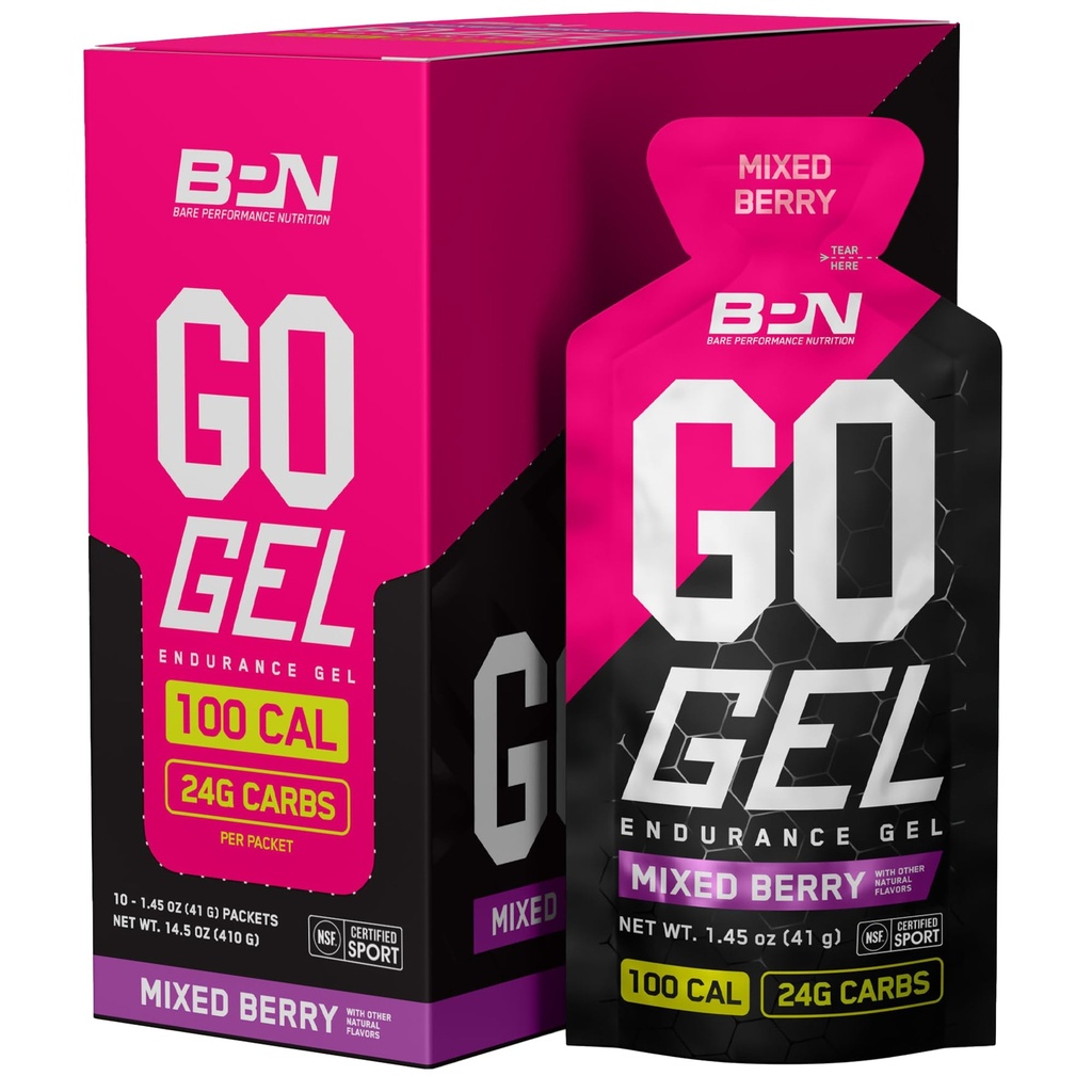ΔΙΑΤΡΟΦΗ ΕΠΙΔΟΣΕΩΝ BARE, BPN Go Gel, 24g υδατάνθρακες & 100 θερμίδες ανά συσκευασία, Vegan + Gluten Free Running Gel, 10 Single-Serving Packs, Mixed Berry