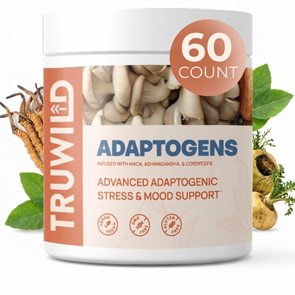 TruWild Adaptogen Blend με Cordyceps Maca Ashwagandha - Πλήρης Φάσμα Mushroom Blend για την καθημερινή υποστήριξη και λειτουργία, όλα φυσικά Formula με 7 βασικά συστατικά, 60 κάψουλες