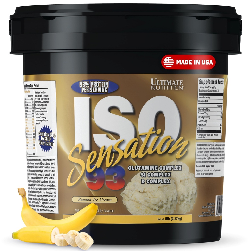 Ultimate Nutrition Whey Protein Isolate Powder with Glutamine Complex, ISO Sensation 93 - Whey Protein Powder with Added Colostrum for Enhanced Recovery, Immunity & Gut Health - Μπανάνα, 5lbs