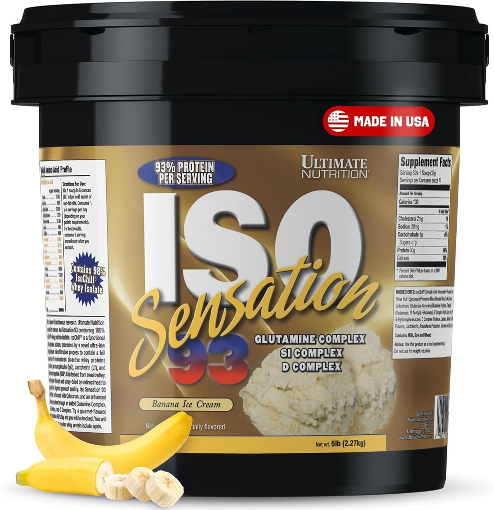 Ultimate Nutrition Whey Protein Isolate Powder with Glutamine Complex, ISO Sensation 93 - Whey Protein Powder with Added Colostrum for Enhanced Recovery, Immunity & Gut Health - Μπανάνα, 5lbs