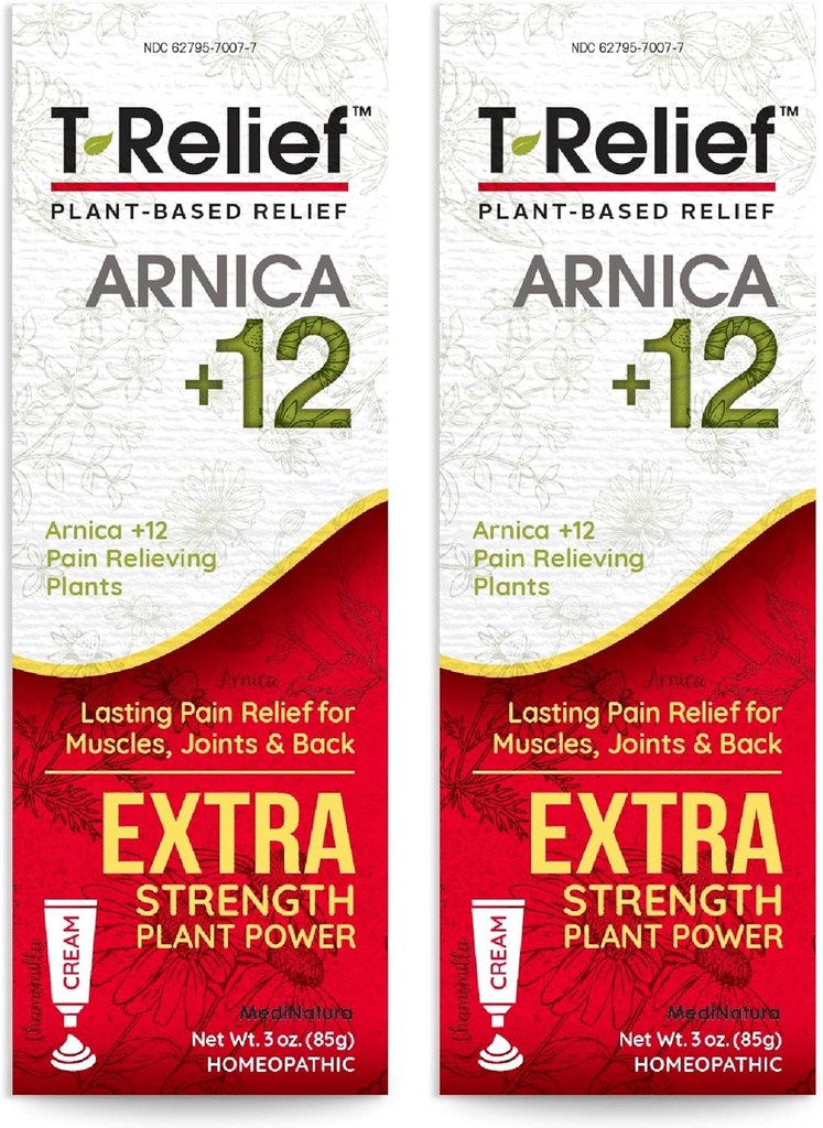 MediNatura T-Relif Extra Strength Cream Arnica +12 Natural Relieving Actives for Back Pain Joreness Muscle Aches & Stiffness, Whole Body Fast Acting Relief for Women & Men - 3 oz (2 Pack)