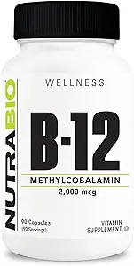 NutraBio Methyl B-12 συμπλήρωμα βιταμίνης, 2000mcg – Προώθηση της κυτταρικής υγείας και ευεξίας, 90 κάψουλες λαχανικών