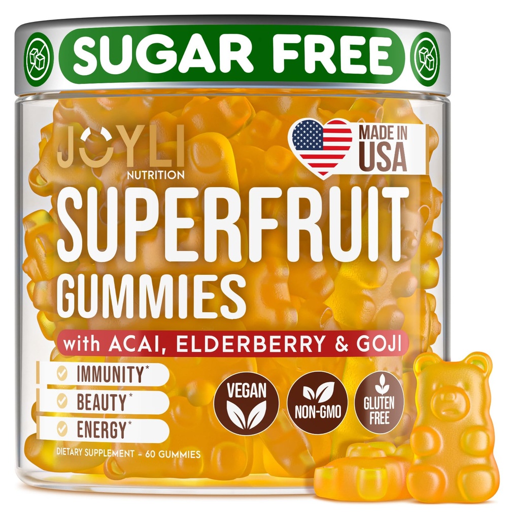Joyli Superfruit Gummies - Φρούτα χωρίς ζάχαρη Multivitamin Gummies for Adults - Φυσικές Gummy Βιταμίνες για γυναίκες & άνδρες με Goji, Elderberry, Βιταμίνες A, C, D & E - Υποστηρίζει Ανοσία, Θήκη & Ενέργεια